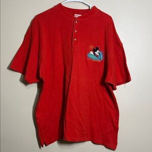 Vintage Red Mickey Mouse Henley Embroidered Vacation Sweater Shirt L XL